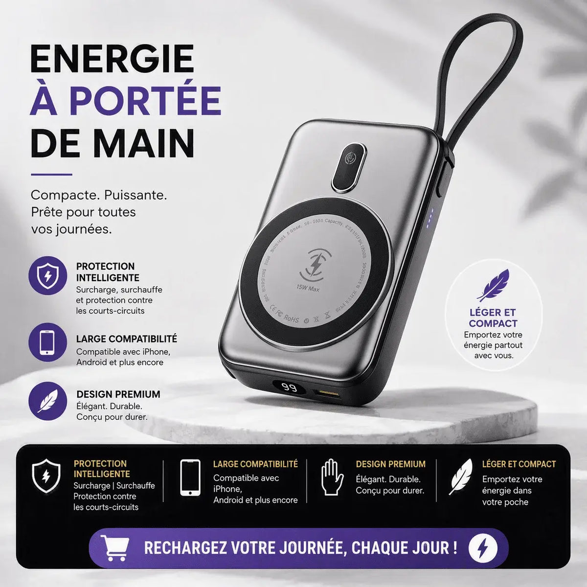 Powerbank Magnétique DEPIN : Support, Portable & Magnétique